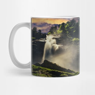 Waterfall In middle of trees during sunset Mug